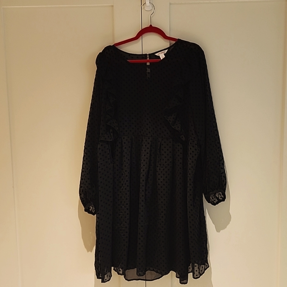 JOE FRESH baby doll dress.  Black polka-dot sheer. solid black camisole lining.